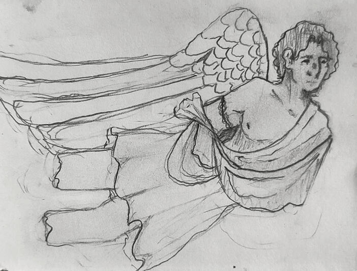 Apeliotes, the east wind, sketched at The Tower of the Winds, Athens.
